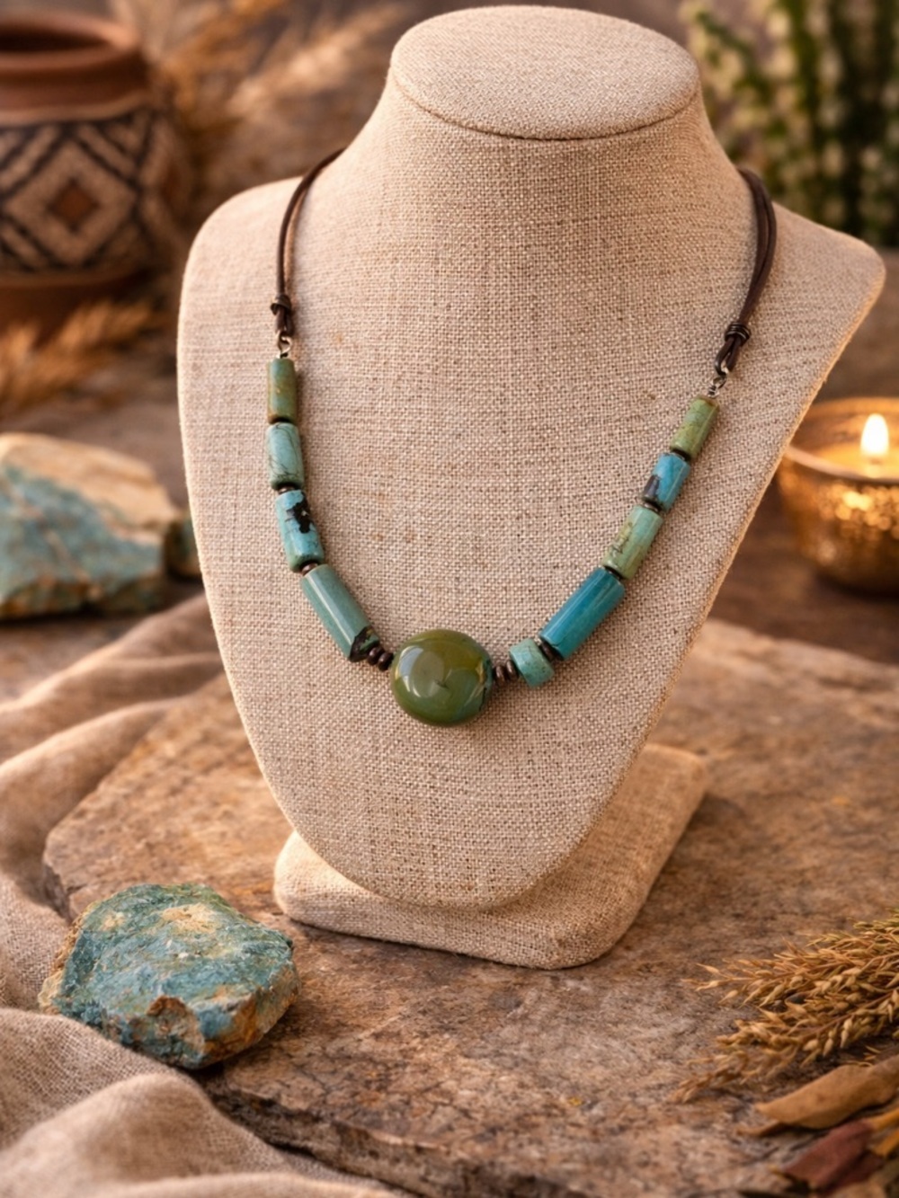 Vintage Turquoise Beaded Necklace | Southwestern Statement Leather Cord Jewelry